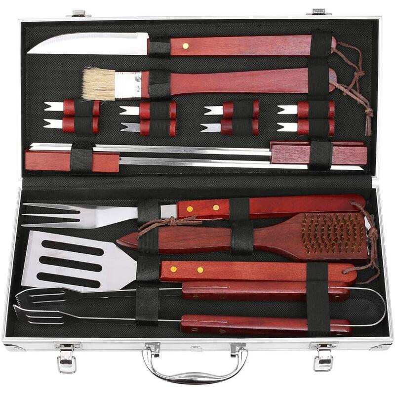 18PC Kit Barbecue Utensili Barbecue Accessori Barbecue in Acciaio Inossidabile Posate con Manico di Legno Set Barbecue con Valigetta, Regalo per