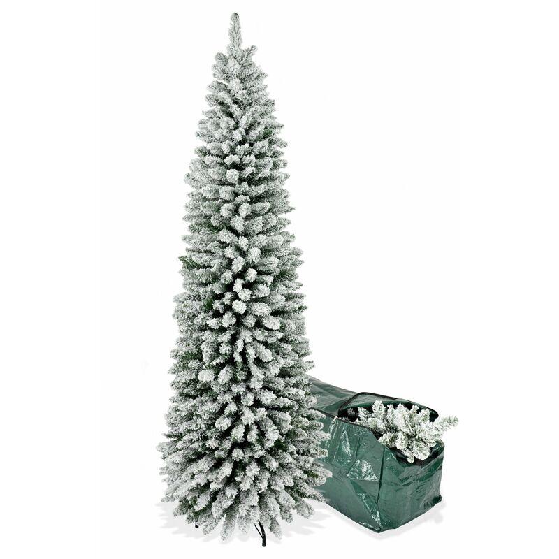 Albero di Natale Slim Innevato Eolo con Borsa Omaggio, Molto Folto E Realistico, Design Salvaspazio Alto e Stretto alla Base, Fogliame in PVC,