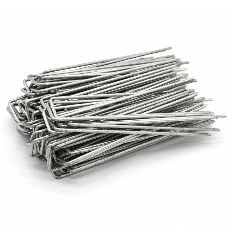 Amanka Set 100 Picchetti Ø3,2mm acciaio zincato 150x30mm per fissare a terra teli reti giardinaggio a forma di u Angolare