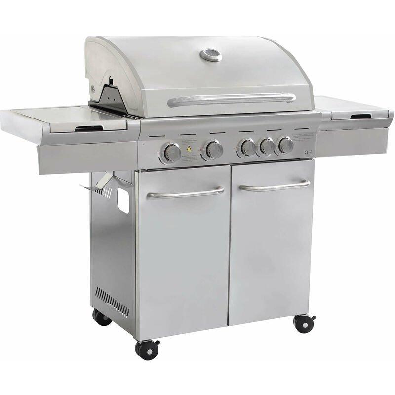 Milani Home - Barbecue a Gas In Acciaio Inox 4 Fuochi + 1 Laterale, Con Piastra e Griglia In Ghisa Per Esterno Giardino Portico Terrazzo