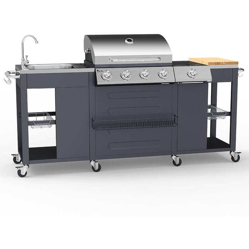 Mr Tuzza - Barbecue gas acciaio inox BBQ 4+1 bruciatori lavello ripiani cremagliera Tartara