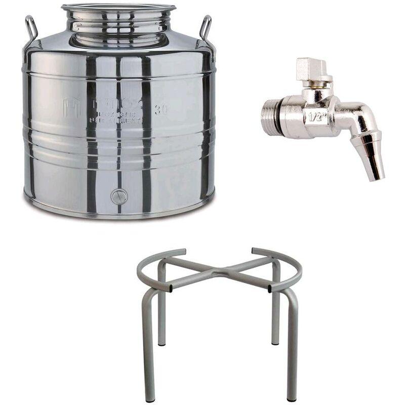 Contenitore Bidone Fusto In Acciaio Inox per Olio 30 Litri con Rubinetto e Supporto Portafusto