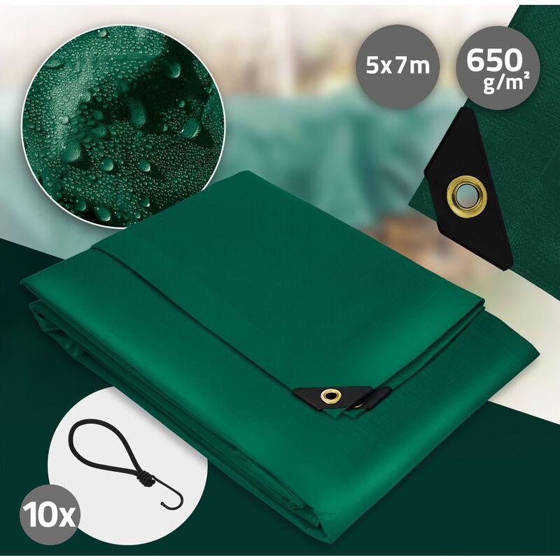 Telone Premium in Tessuto con Occhielli + 10 Ganci 5x7m 35m² 650g/m² Verde pvc Telo Impermeabile Antistrappo Multiuso Telone per Camion Giardino