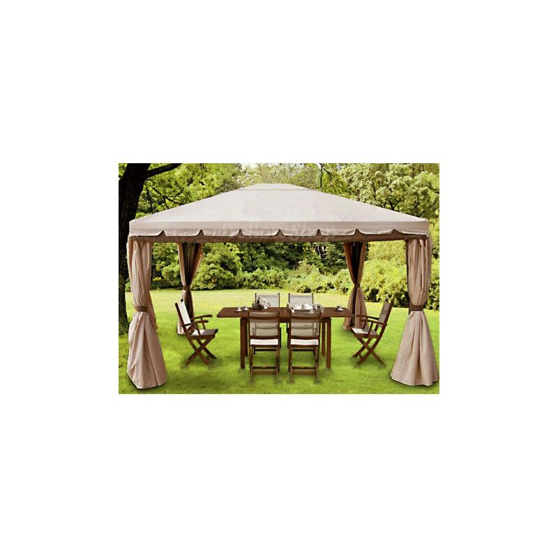 Gazebo in alluminio mt. 3x4 h. 2,70 copertura con doppia balza tessuto col. ecrù/marrone completo di n° 4 teli laterali con zanzariere. - YELLOWSHOP