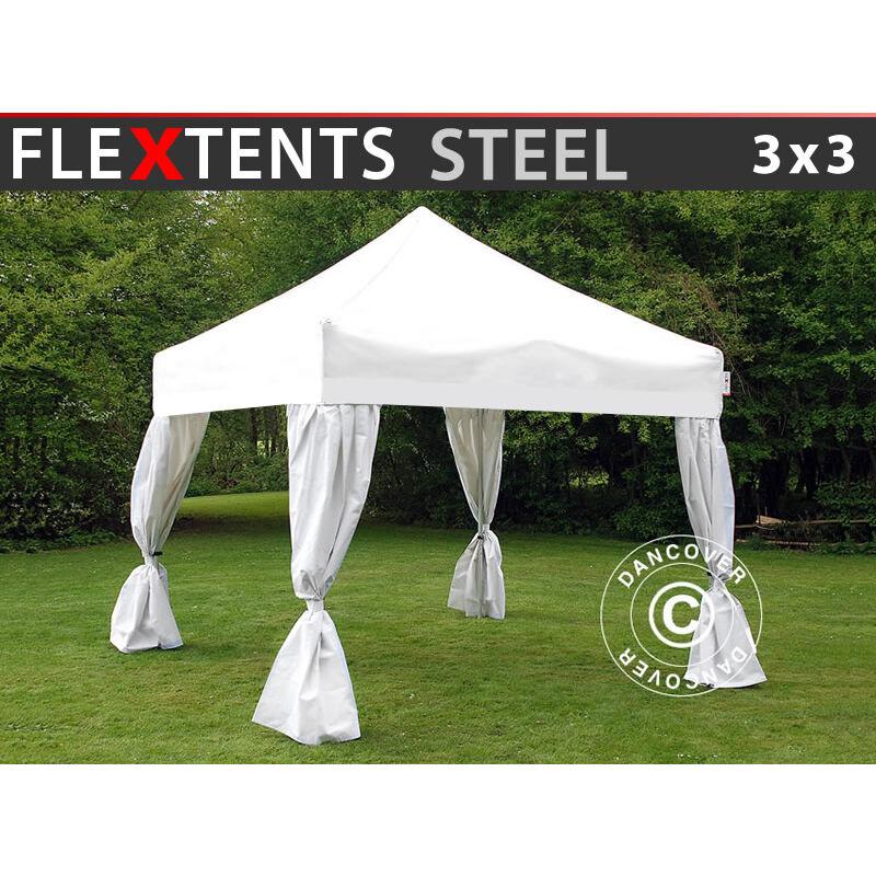 Dancover - Gazebo pieghevole Gazebo rapido FleXtents Steel 3x3m Bianco, incl. 4 tendaggi decorativi