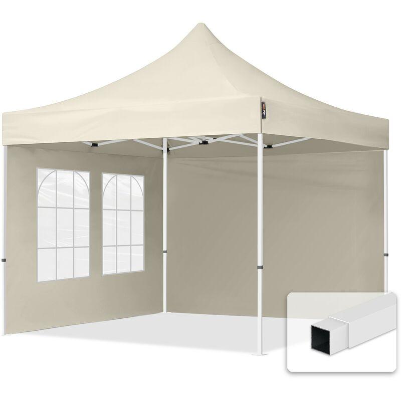 Gazebo Pieghevole Giardino 3x3m - 2 laterali (con finestre) Telo PES300 Poliestere 100% Impermeabile Padiglione Mercati Sagre crema - TENDAPRO.IT