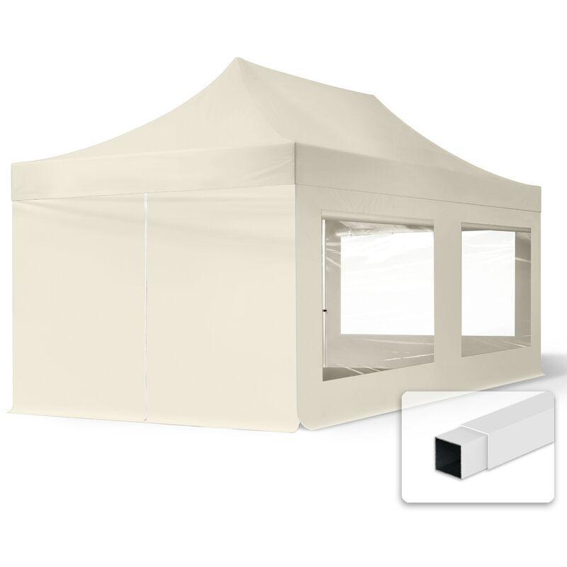 Gazebo Pieghevole Giardino 3x6m - 4 laterali (finestre panoramiche) Telo PES300 Poliestere 100% Impermeabile Padiglione Mercati Sagre crema