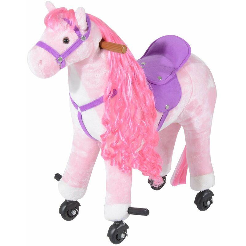 Cavallo con Ruote in Peluche Giocattolo con Suono per i Bambini 65 x 28 x 75cm Rosa - Homcom