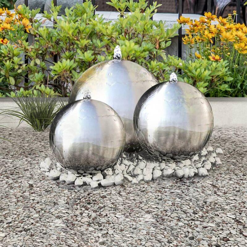 Fontane da Giardino a Sfera 3 pz con LED in Acciaio Inox 30 cm VD19444 - Hommoo