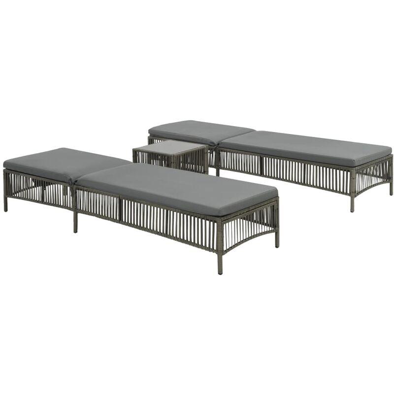 Hommoo Lettini Prendisole 2 pz con Tavolino in Polyrattan Grigio VD26214