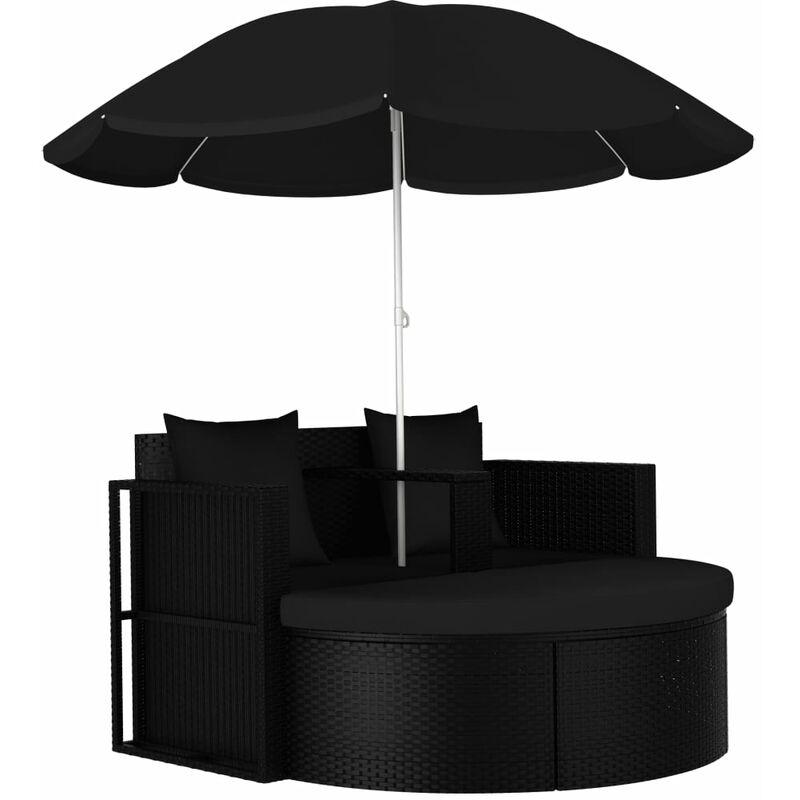 Lettino da Giardino con Parasole in Polyrattan Nero VD45881 - Hommoo