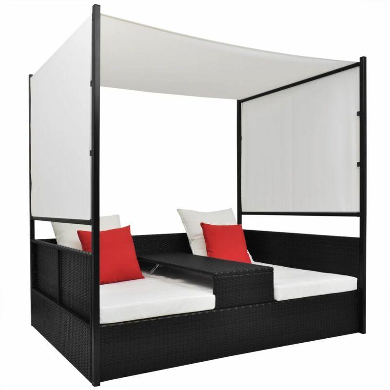 Lettino da Giardino con Tetto Nero 190x130 cm in Polyrattan VD24946 - Hommoo