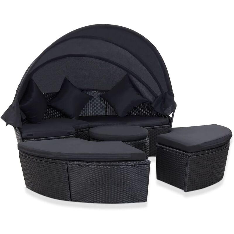 Lettino Prendisole con Baldacc no in Polyrattan Nero VD48747 - Hommoo