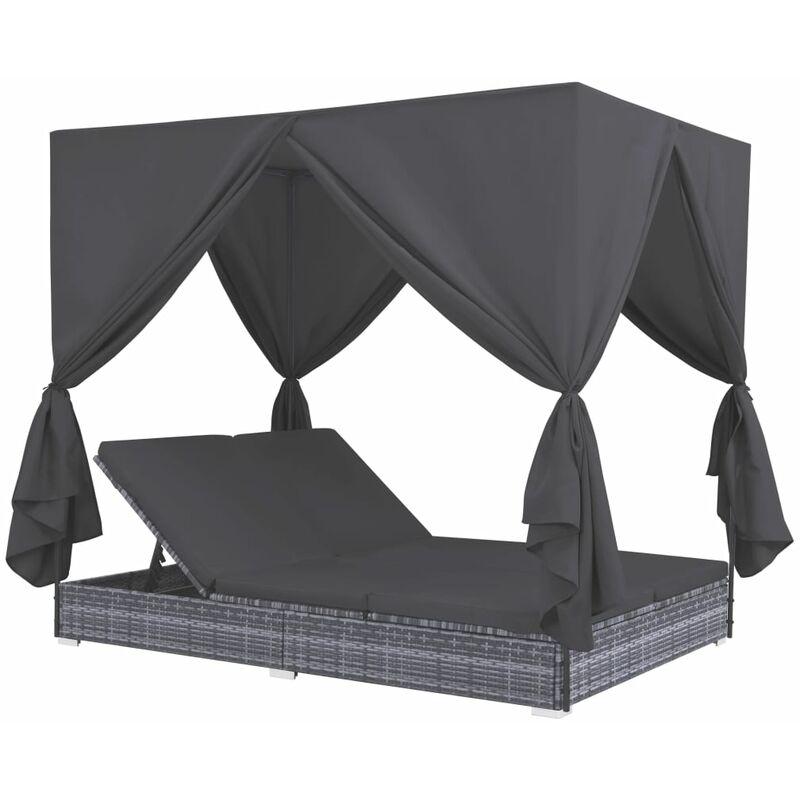 Lettino Prendisole con Tende in Polyrattan Grigio VD27334 - Hommoo