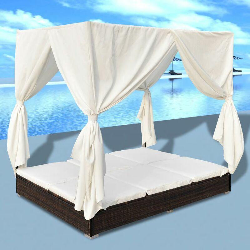 Lettino Prendisole con Tende in Polyrattan Marrone VD24980 - Hommoo