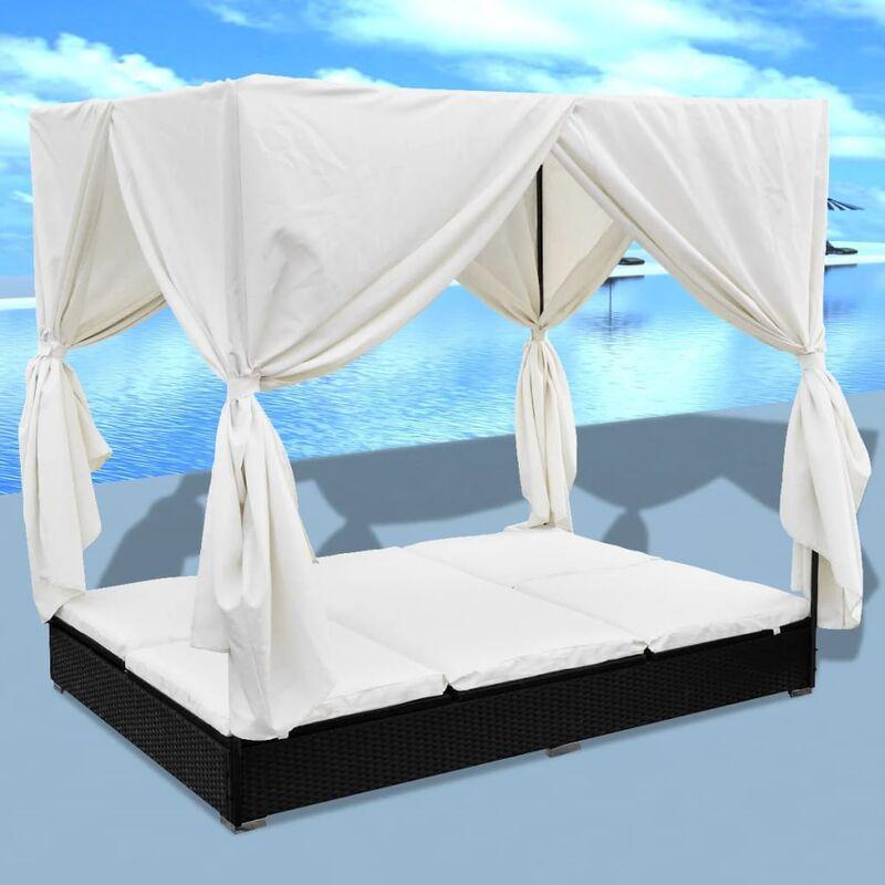 Lettino Prendisole con Tende in Polyrattan Nero VD24981 - Hommoo