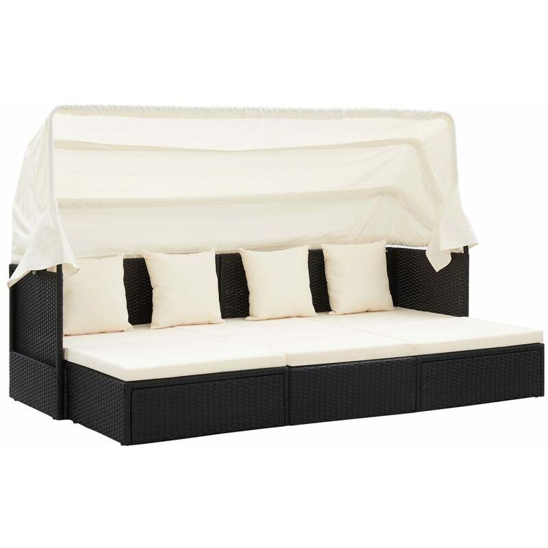 Lettino Prendisole con Tetto Nero 200x60x124 cm in Polyrattan VD52875 - Hommoo