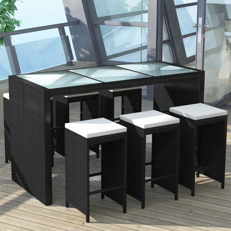 Set da Bar da Giardino 7 pz con Cuscini in Polyrattan Nero VD24305 - Hommoo