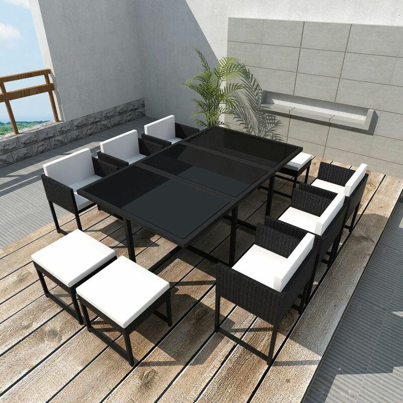 Set da Pranzo da Giardino 11 pz con Cuscini in Polyrattan Nero VD24831 - Hommoo