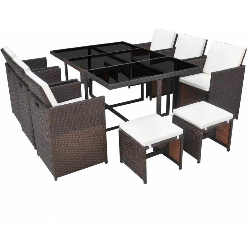 Set da Pranzo da Giardino 11 pz con Cuscini Polyrattan Marrone VD24655 - Hommoo