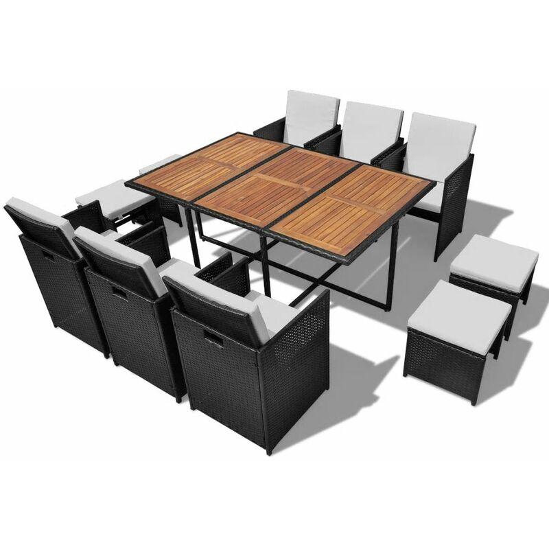 Set da Pranzo da Giardino 11 pz Polyrattan e Legno Acacia Nero VD24659 - Hommoo