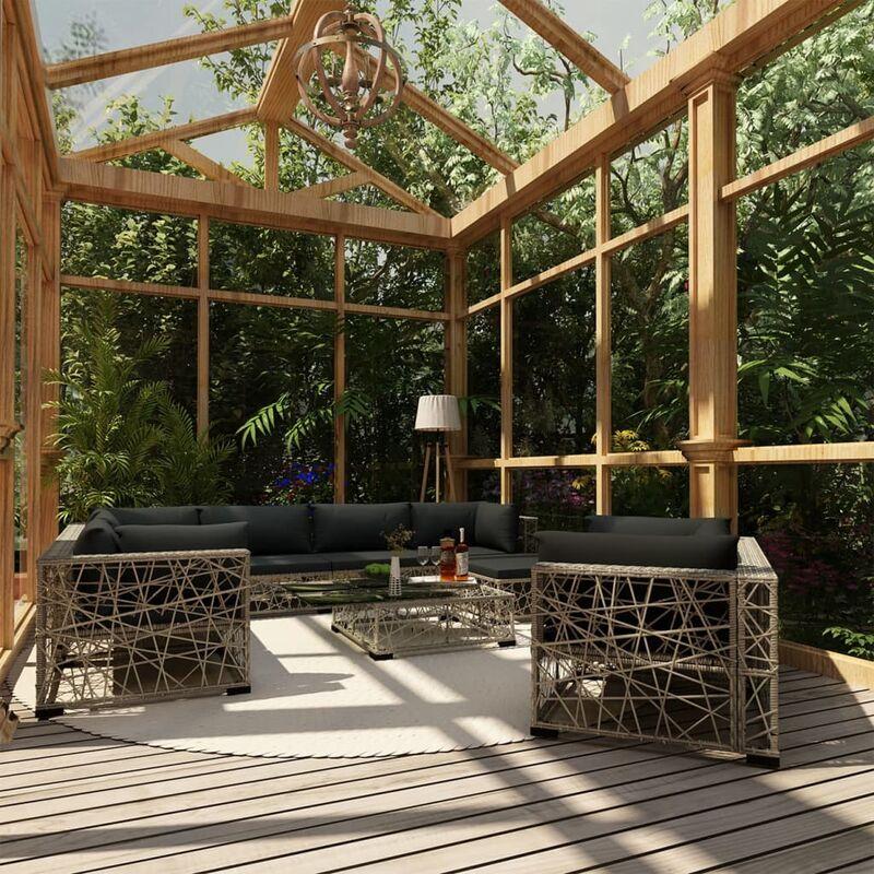 Set Divani da Giardino 10 pz con Cuscini in Polyrattan Grigio VD27622 - Hommoo Set Divani da Giardino 10 pz con Cuscini in Polyrattan Grigio VD27622 - Hommoo