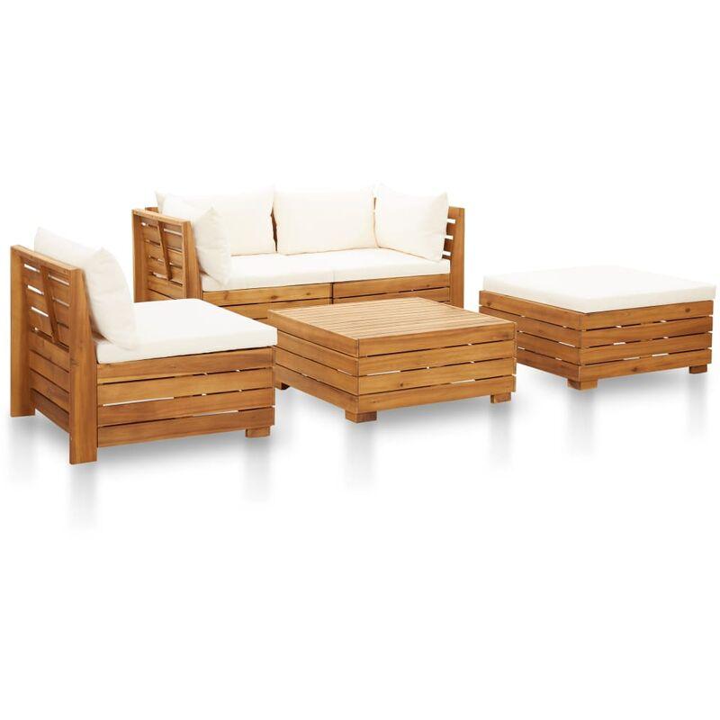 Set Divani Giardino 5 pz con Cuscini Legno Acacia Bianco Crema VD45625 - Hommoo Set Divani Giardino 5 pz con Cuscini Legno Acacia Bianco Crema VD45625 - Hommoo