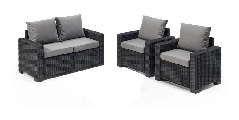 Set Lounge CALIFORNIA Grafite Divano + 2 Poltrone con Braccioli - Keter
