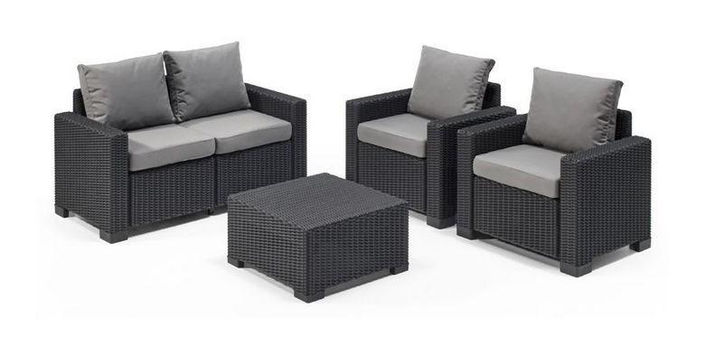 Set Lounge CALIFORNIA Grafite Divano + 2 Poltrone con Braccioli + Tavolino - Keter