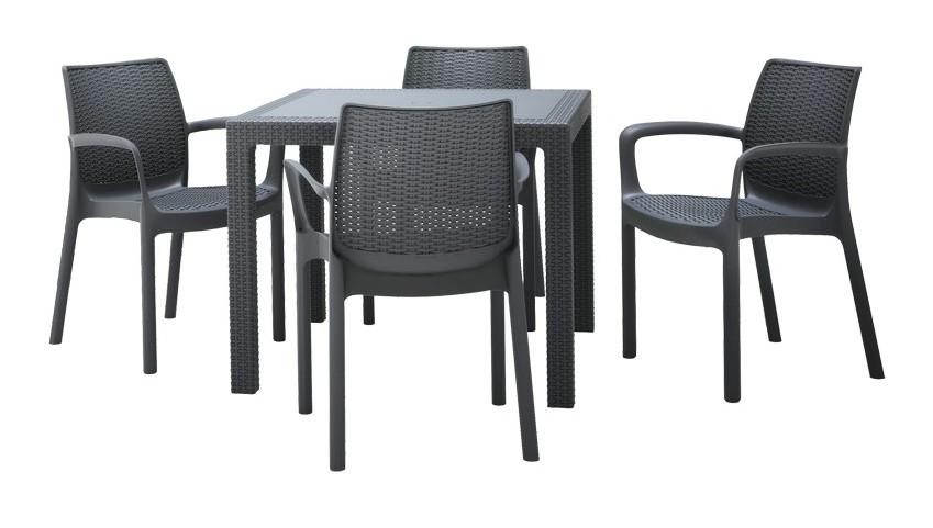 Tavolo QUARTET Grafite e 4 Sedie con Braccioli BALI Grafite - Keter