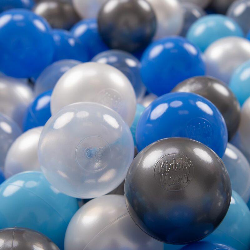 KiddyMoon 100 ∅ 7CM Palline Morbide Colorate Per Piscina Bambini Fatto In EU, Perla/Blu/Azzurro/Trasparente/Argento