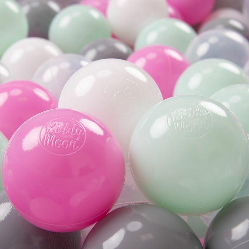 KiddyMoon 100 ∅ 7CM Palline Morbide Colorate Per Piscina Bambini Fatto In EU, Trasparente/Grigio/Bianco/Rosa/Menta