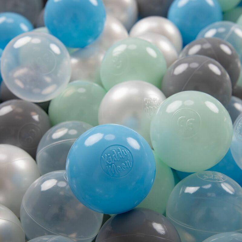 KiddyMoon 200 ∅ 7CM Palline Morbide Colorate Per Piscina Bambini Fatto In EU, Perla/Grigio/Trasparente/Azzurro/Menta