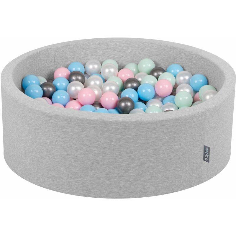KiddyMoon 90X30cm/200 Palline ∅ 7CM Piscina Di Palline Colorate Per Bambini Tondo Fabbricato In EU, Grigio Ch:Perla/Rosa Ch/Azzurro/Menta/Argento