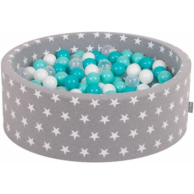 KiddyMoon 90X30cm/200 Palline ∅ 7CM Piscina Di Palline Colorate Per Bambini Tondo Fabbricato In EU, Grigio Stelle: Turchese Ch/Bianco/Trasp./Turchese