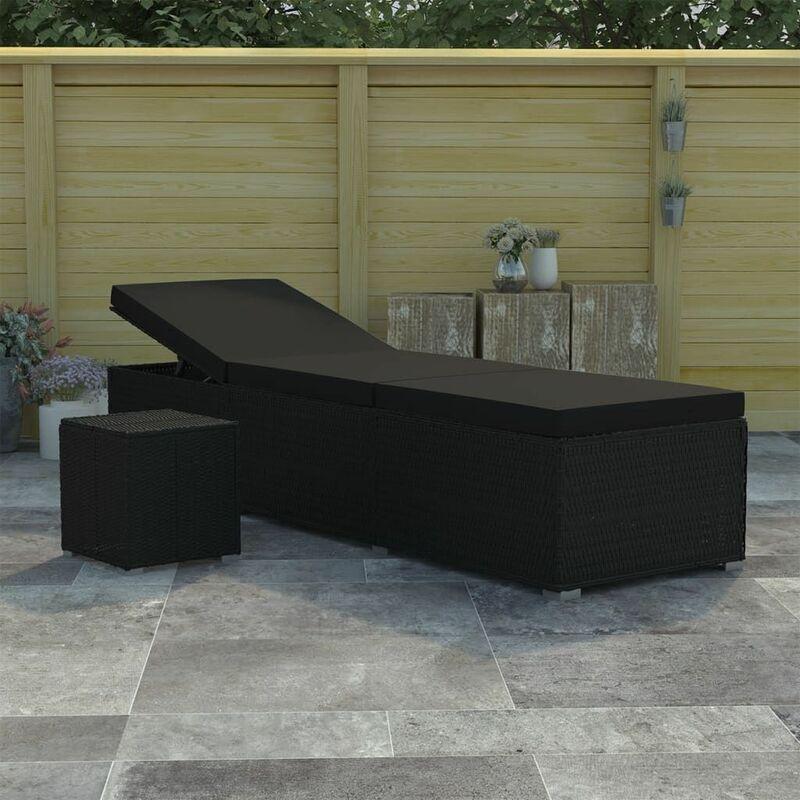 Lettino Prendisole con Cuscino e Tavolino in Polyrattan Nero - Nero - Vidaxl
