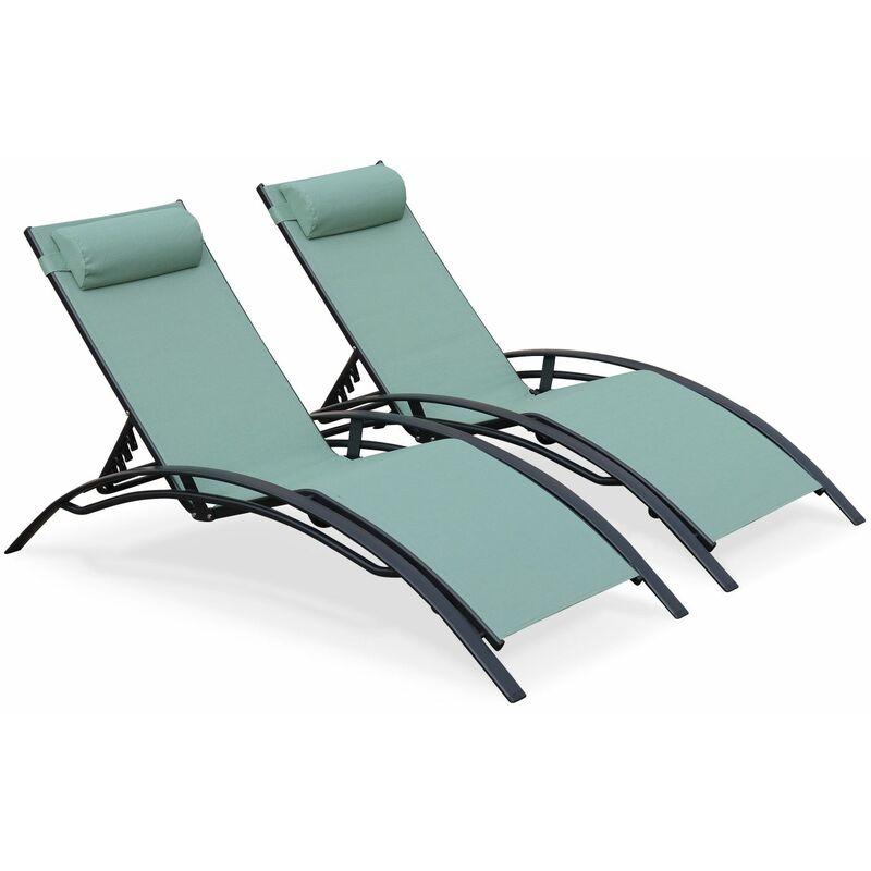 Coppia di lettini prendisole, in alluminio - Louisa, colore: Verde Grigio e Antracite - Sdraio in alluminio e textilene - Antracite Coppia di lettini prendisole, in alluminio - Louisa, colore: Verde Grigio e Antracite - Sdraio in alluminio e textilene - Antracite