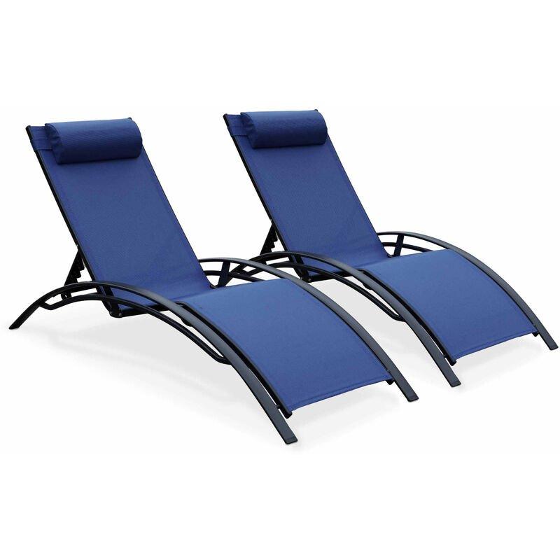 Coppia di lettini prendisole, in alluminio - modello: Louisa, colore: Antracite, Blu notte - Sdraio in alluminio e textilene - Antracite