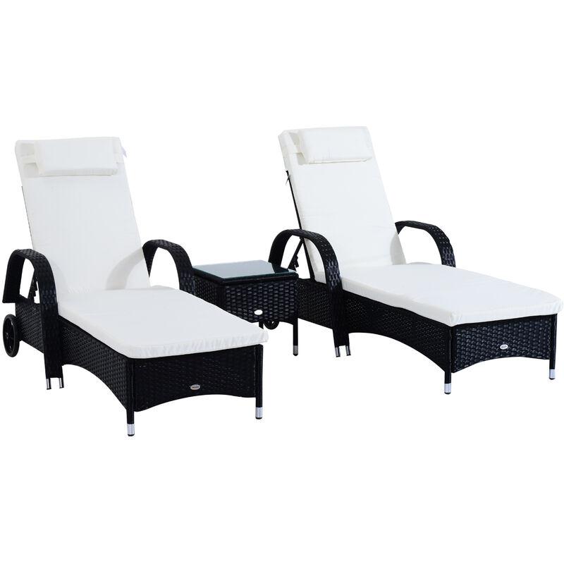 Set 2 Sdraio Lettino Prendisole in Rattan con Materassino Imbottito e Tavolino, Nero - Outsunny Set 2 Sdraio Lettino Prendisole in Rattan con Materassino Imbottito e Tavolino, Nero - Outsunny