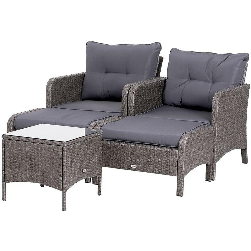 Set Arredo per Esterni Divanetti con Pouf e Tavolino in PE Rattan con Cuscini Grigio - Outsunny