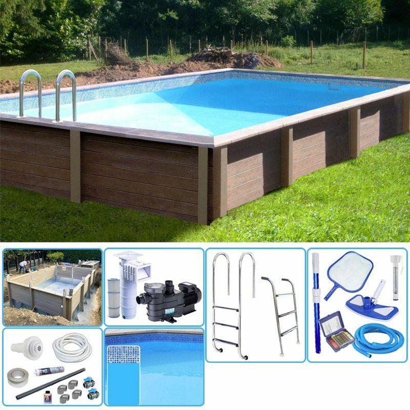 Kit Piscina Cemento Effetto Legno Rettangolare 4,67 X 3,24 X H 1,28 M Con Filtrazione A Cartuccia - Naturalis