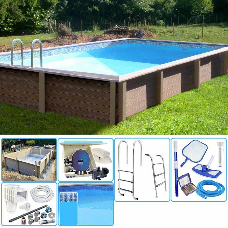 Kit Piscina Cemento Effetto Legno Rettangolare 4,67 X 3,24 X H 1,28 M Con Filtrazione A Sabbia E Locale Tecnico - Naturalis