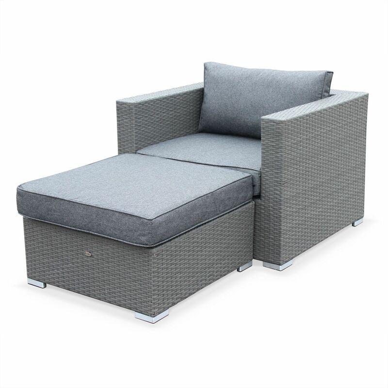 Salotto da giardino, modello: Genova - poltrona + pouf in resina intrecciata - colore: Grigio, cuscini, colore: Grigio - Gris - ALICE'S GARDEN