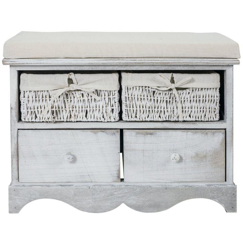 Rebecca Mobili Panca Panchina 2 Cassetti Legno 2 Cestini Vimini Bianco 46x60x33 - MOBILI REBECCA
