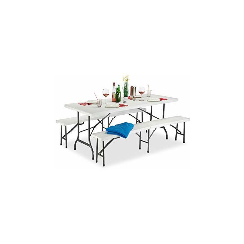 Relaxdays Set Chiosco Tavolo Panche ribaltabili, 3 Pezzi Arredo Giardino, Monocolore, Bianco, H x L x P: 74 x 180 x 74, 5 cm