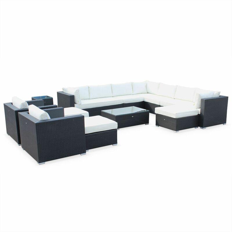 Alice's Garden - Salotto da giardino, in resina intrecciata XXL - modello: Tripoli - colore: Nero, cuscini, colore: Ecru - 14 posti - Nero