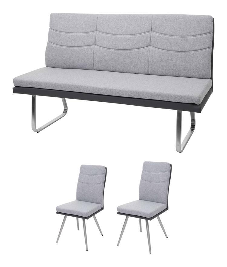 Set 2x sedie senza braccioli e panca da interni 180cm HWC-G54 acciaio inox tessuto ecopelle grigio - MENDLER Set 2x sedie senza braccioli e panca da interni 180cm HWC-G54 acciaio inox tessuto ecopelle grigio - MENDLER