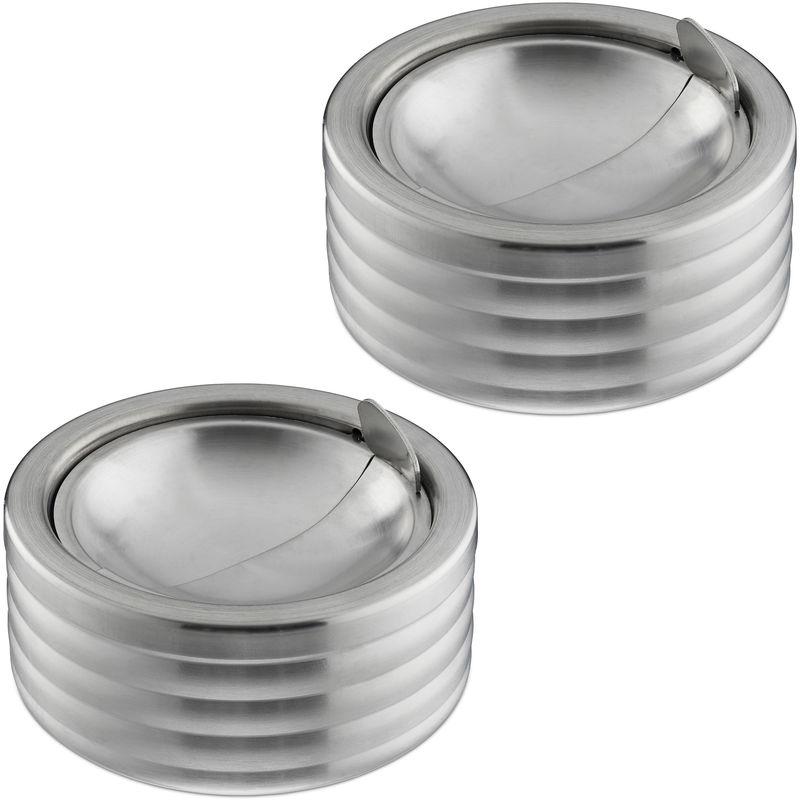 Set da 2 Posacenere Antivento, con Coperchio Ribaltabile, per Interni e Esterni, Acciaio Inox, HxD: 5,5X11,5, Argento - RELAXDAYS