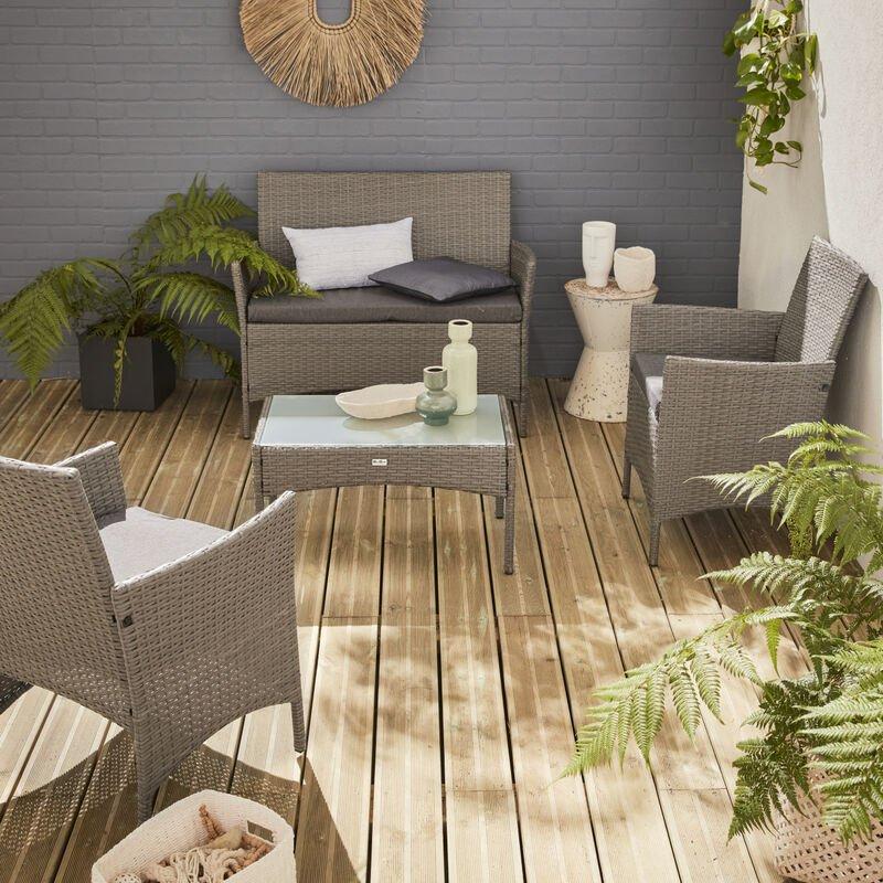 Alice's Garden - Salotto da giardino in resina intrecciata - modello: Moltès - colore: Grigio, cuscini, colore: Grigio - 4 posti - 1 divano, 2 Alice's Garden - Salotto da giardino in resina intrecciata - modello: Moltès - colore: Grigio, cuscini, colore: Grigio - 4 posti - 1 divano, 2