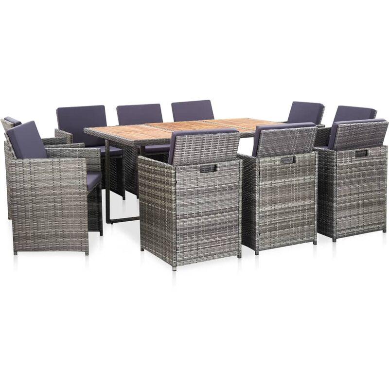Set da Pranzo da Giardino 11 pz con Cuscini Polyrattan Grigio - Grigio - Vidaxl